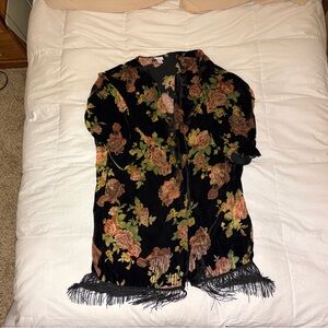New York & Company Velvet Floral Kimono with Fringe